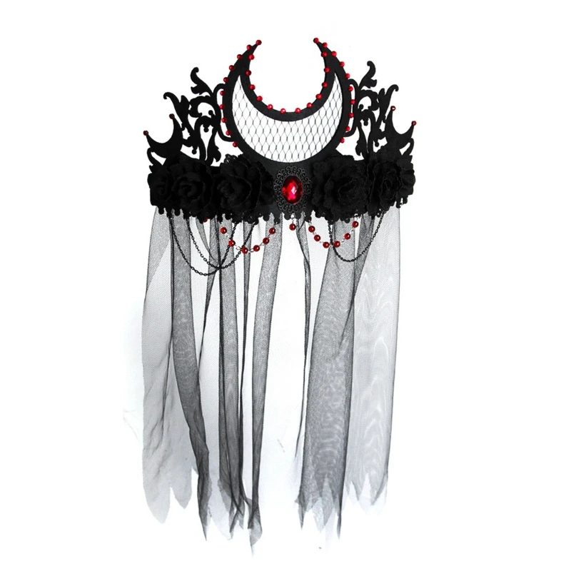 

449B Day of the Death Headband Gothic Headwear Baroque Tiara Crown Halloween Crown Black Veil Crown Lolita Hair Accessories