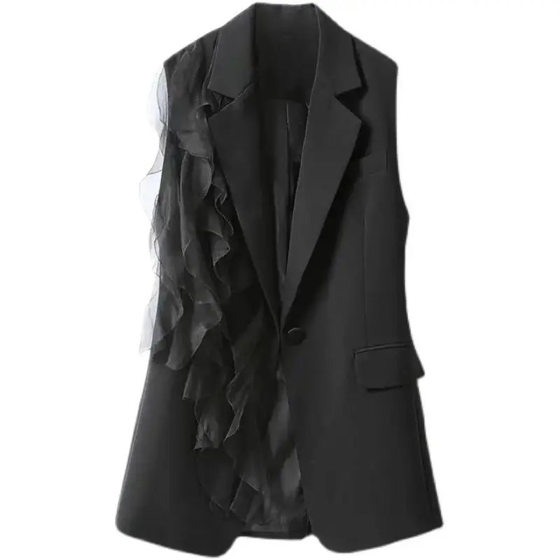 

SuperAen Black Suit Vest Women's Autumn 2023 New Korean Style Fashion Splice Chiffon Wooden Ear Edge Vest