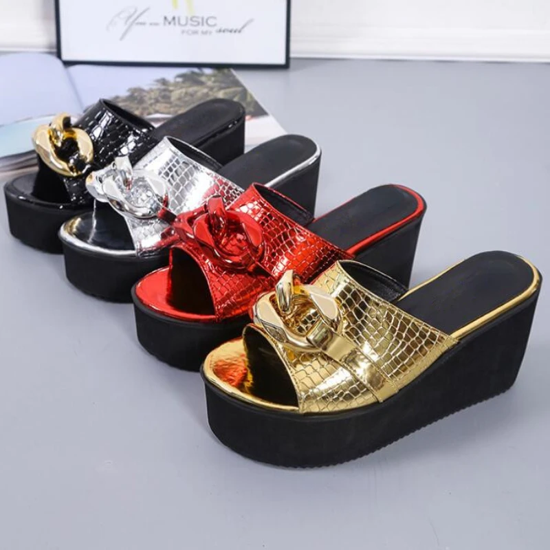 

Platform Slippers Summer Fashion Metal Chain Fish Mouth Sandals Square Toe Women's Wedge Shoes Zapatillas De Estar Por Casa