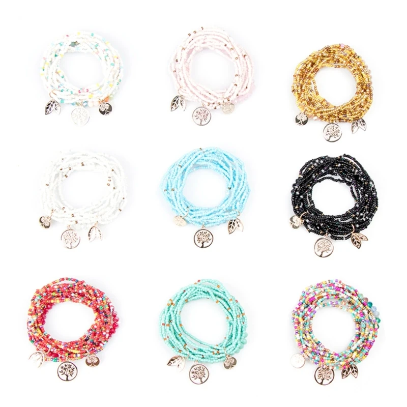 

Bohemian Stackable Bracelets Set for Women Stretch Multilayer Colorful Stack Beads Bracelet Leaf Tree of Life Pendant