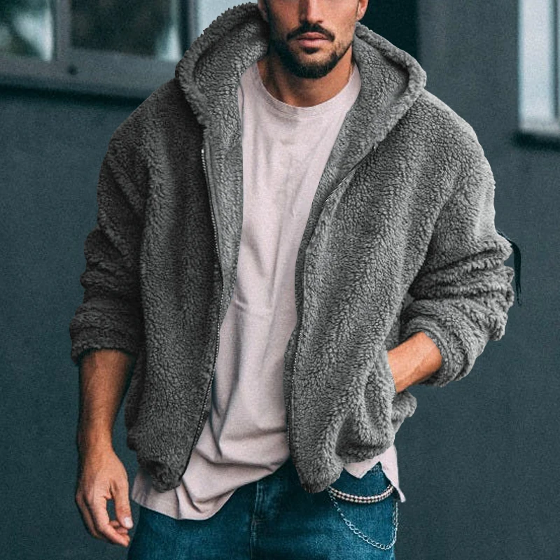 

Autumn Winter Popular Men's Fluffy Warm Coat Jacket Long Sleeve Hooded Coat Plush Button Closure Thickened Warm Men's Coat