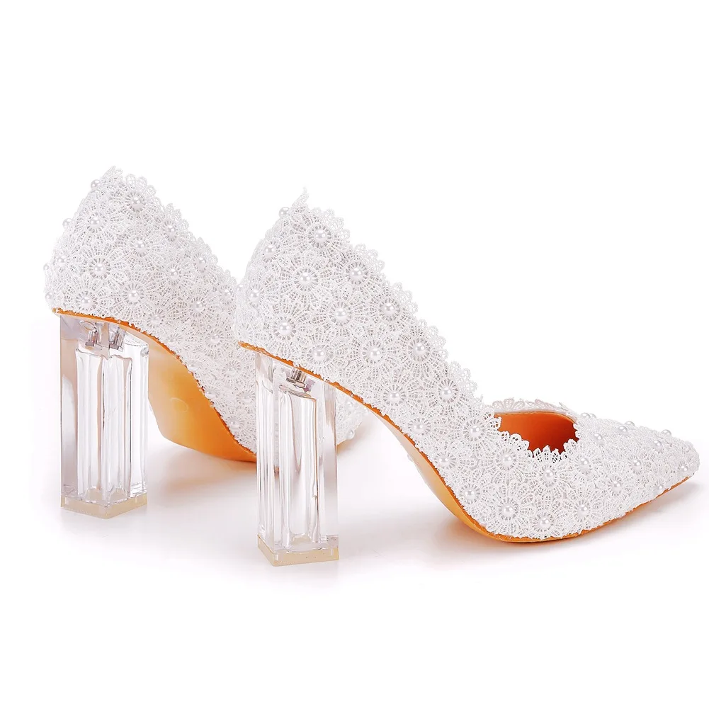 9cm High Heel Crystal Shoes Woman White Flower Wedding Bridals Shoe Ankle Strap Lace-Up High Shoes Sweet Party Shoe Size 35-43