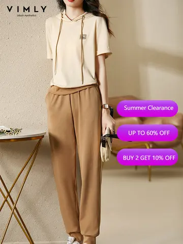 VIMLY Summer Hoodie Two Piece Pant Set for Women 2023 Short Sleeve T-shirt Elastic Sweatpants Tracksuit Matching Set V3187
