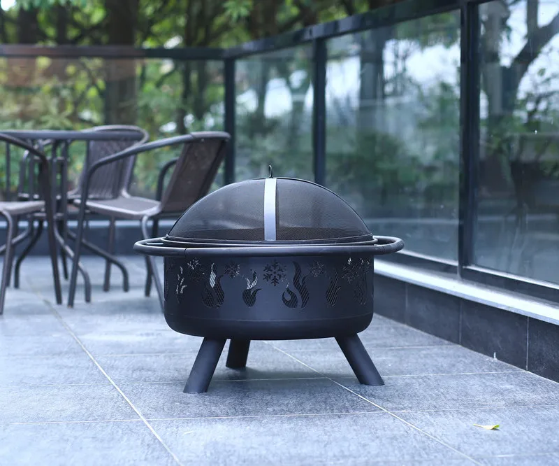 Round Metal Outdoor Heater Fire Pit With Snow And Fire Design For Outdoor BBQ