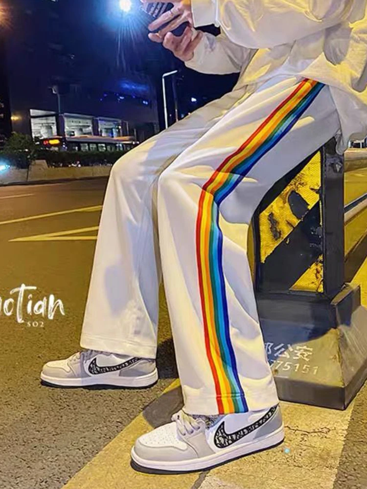 

2022SS Rainbow Striped Sports Pants Men's Korean Trend Straight Trousers Drop Feeling Mopping Pants Joggers Women Streetwear