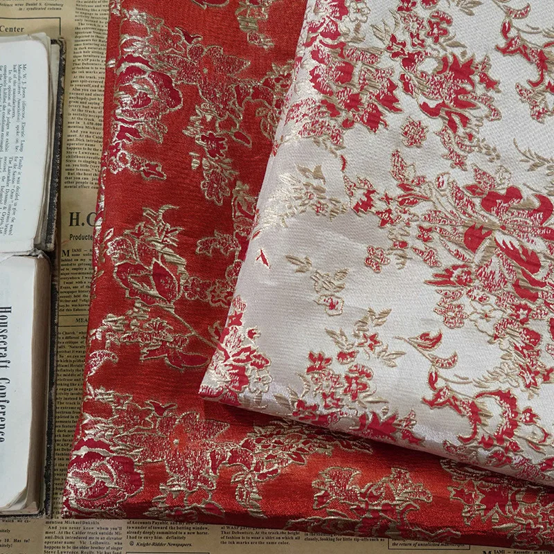

Gold Silk Yarn-dyed Jacquard Fabric Spring Autumn Women's Dress Big Red Flower Festive Dress Shirt Suit Pillow Fashion Sew Cloth