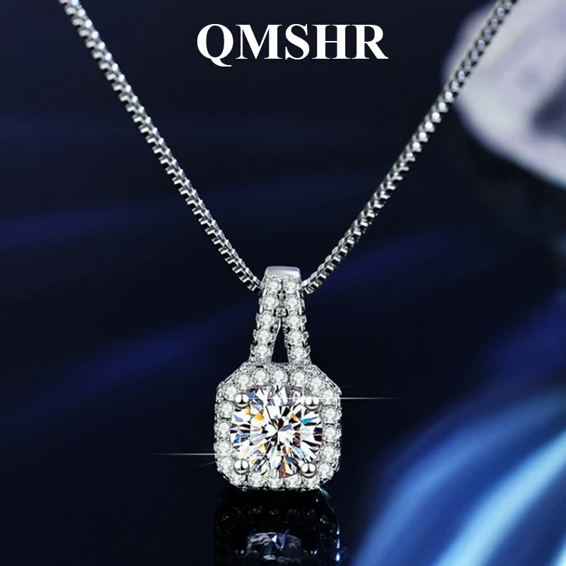 Фото Комплект украшений QMSHR 1CT: колье и серьги из настоящего муассанита, серебро 925 пробы, сертифицированный цвет D, чистота VVS1, роскошный свадебный подарок для женщин №3