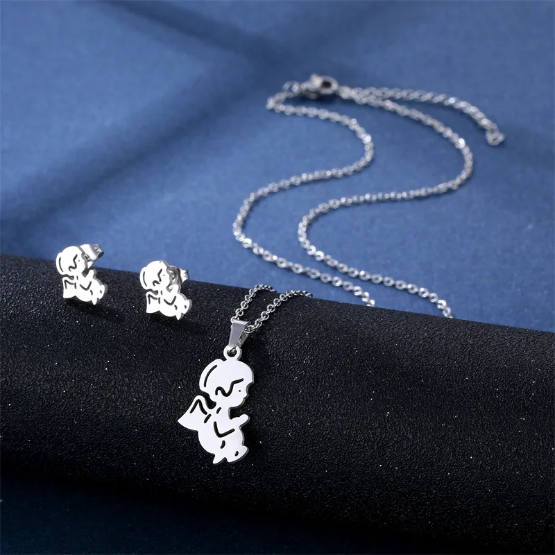 

Stainless Steel Silver Color Angel Pendant Chain Necklace Stud Earring for Women Party Birthday Fashion Jewelry Set Gift