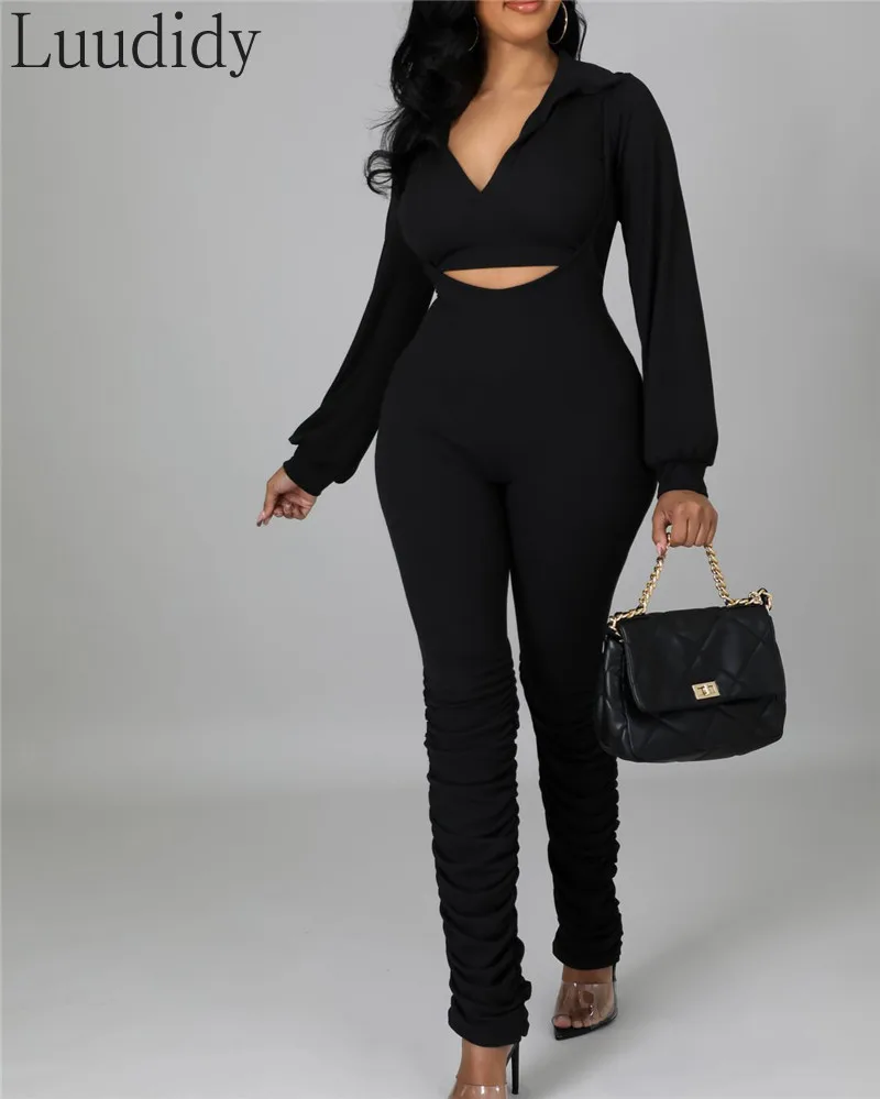 

Women Solid Color Turndown Collar Top And Ruched Pants Overalls Set