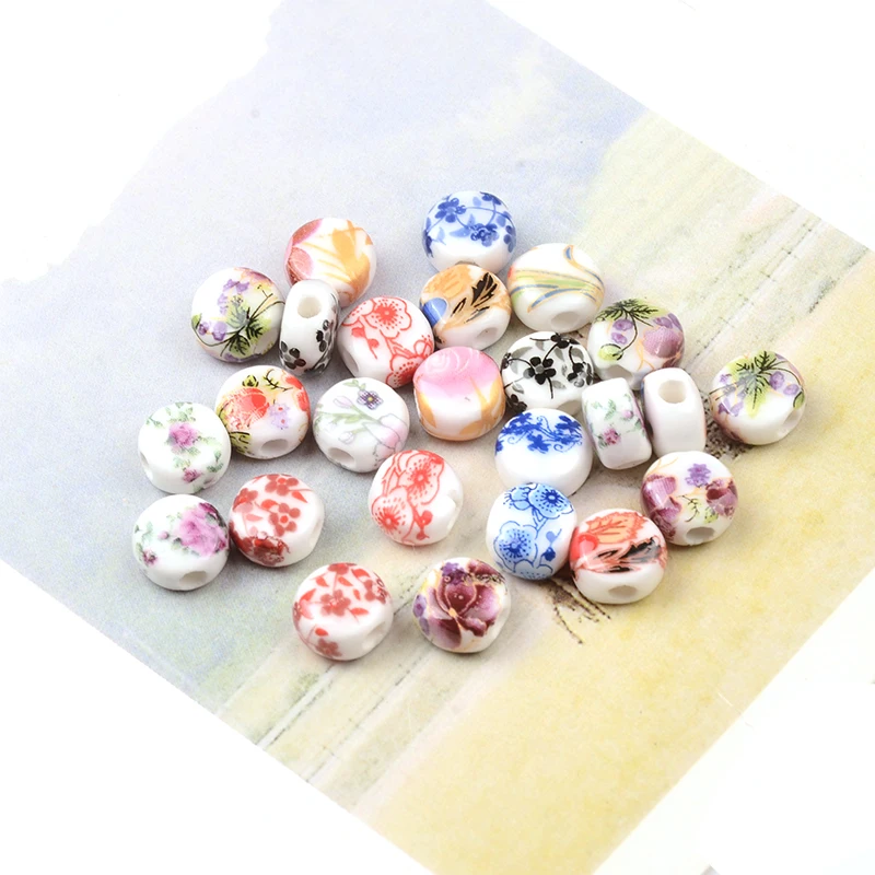 

Плоские круглые цветочные керамические бусины 8 мм с принтом, свободные фарфоровые бусины с отверстием для изготовления ювелирных изделий, браслетов, ожерелий своими руками