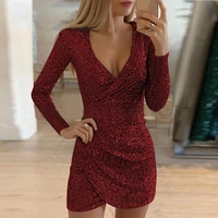 women deep v neck sequin mini bodycon dresses 2021 sexy silver glitter dress for female autumn winter long sleeve party clothes