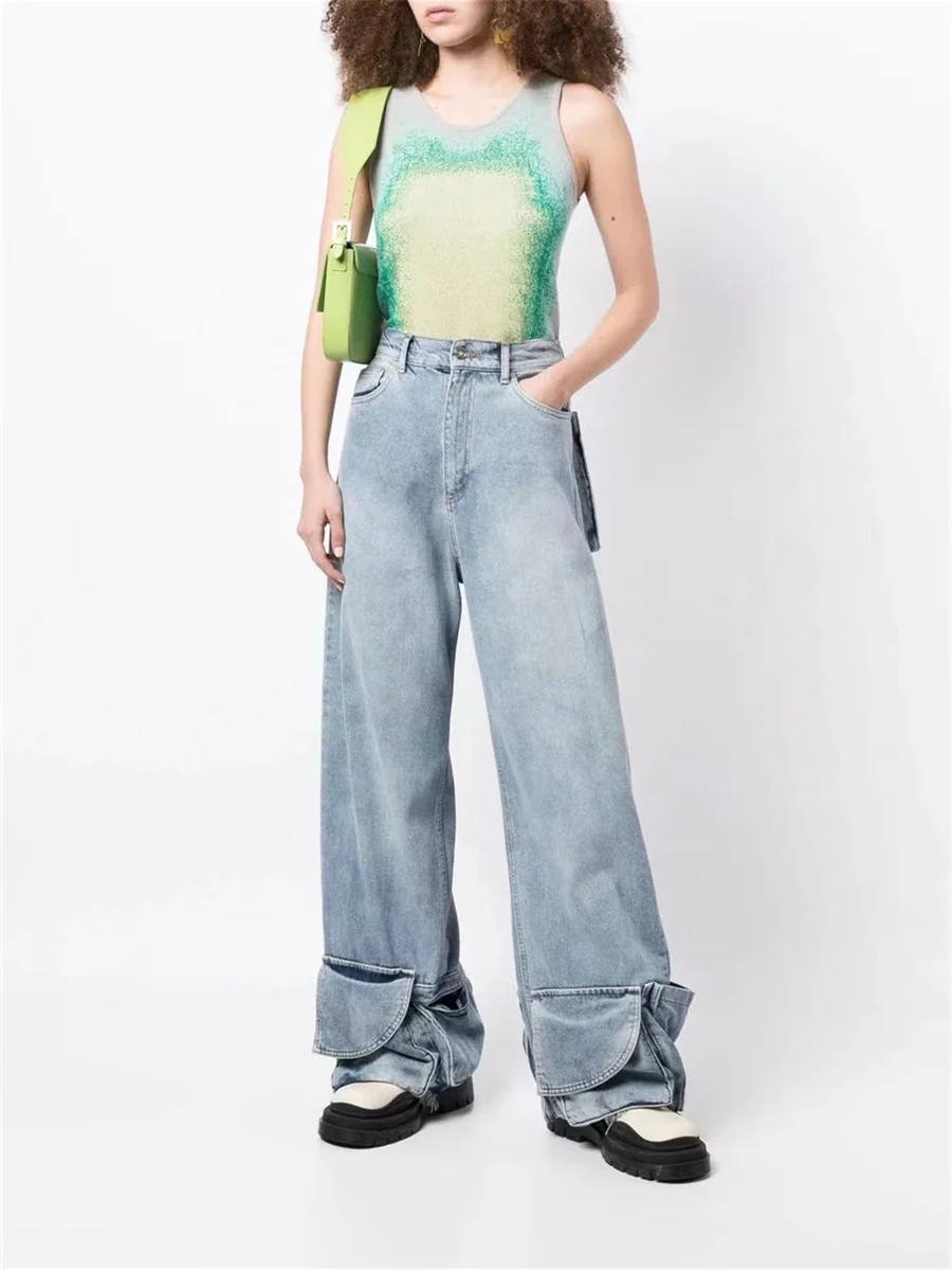 

2023 Women's Jeans Trend Bottom Pockets Decorative Cotton Heavy Craft High Waist Wide Leg Pants Y2K High Quality Long Pants traf