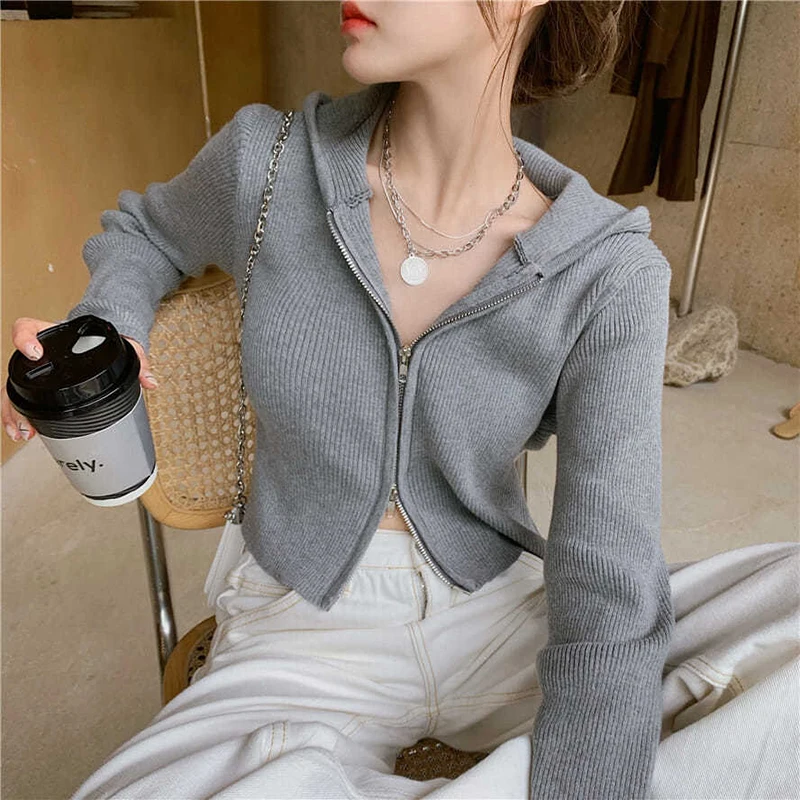 

Short Solid Pink Hooded Sweaters Double Zipper Cardigan Coat Chic Korean Sweet Fashion Knitwear Tops Wild Dropshipping Gentle