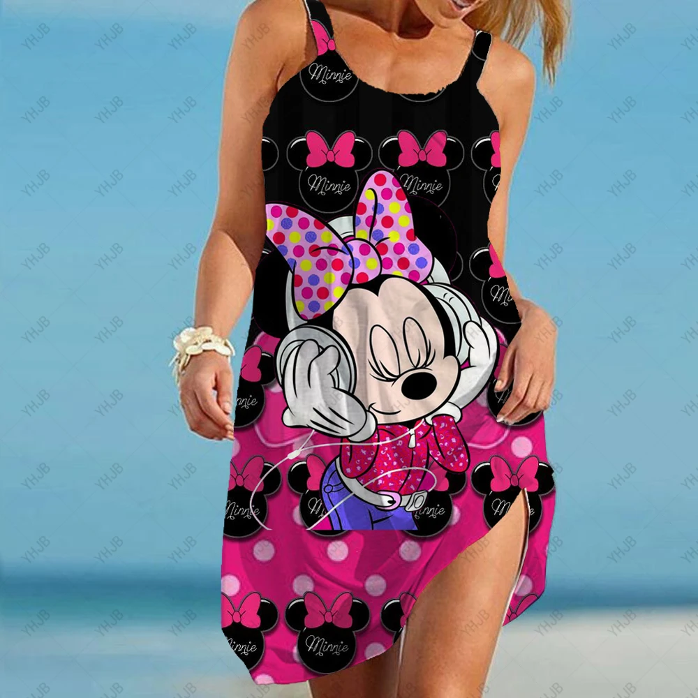 

Disney Minnie Mickey Women Dresses 3D Dye Print Fashion Sleeveless Dress Summer Halter Romantic Beach Party Suspender Dress