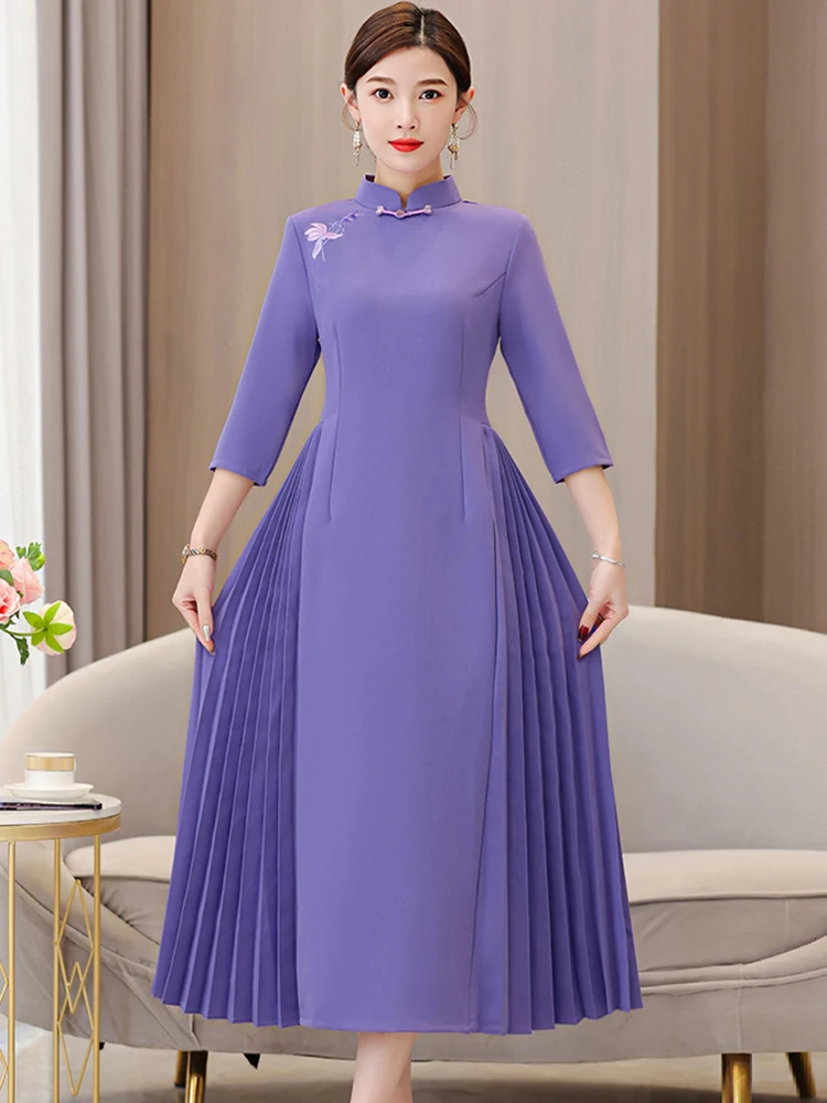 

Summer Purple Chic Embroidery Long Dress Women Fashion Elegant Pleated Dress 2023 Korean Vintage Dresses for Official Occasions