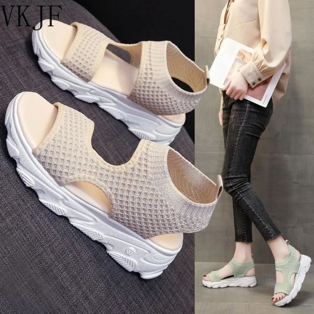 

Сандалии женские сетчатые на толстой подошве, Повседневная пляжная обувь с открытым носком, на шнуровке, белые, лето 2023