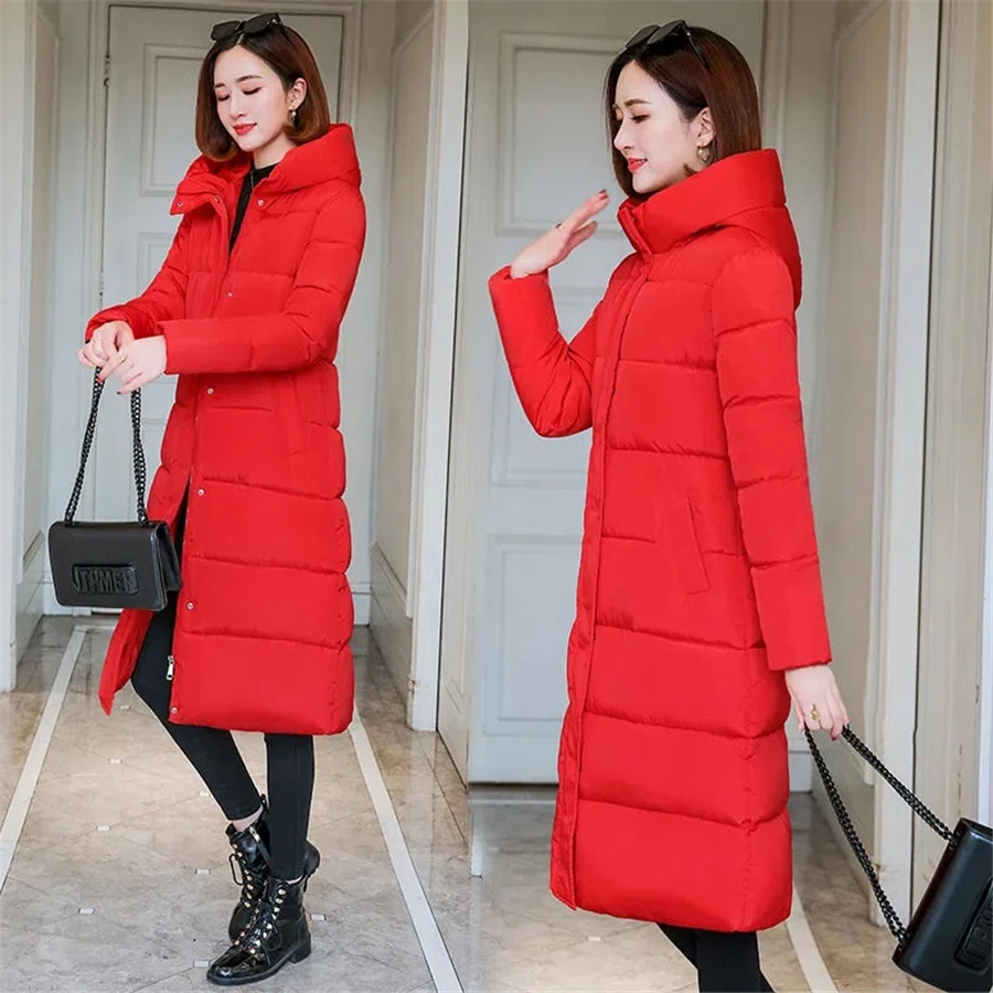 Oversized 4XL Winter Hooded Cotton Padded Long Coat Women Basic Solid Parka Warm Thick Outwear Snow Wear Overcoat Slim Sobretudo