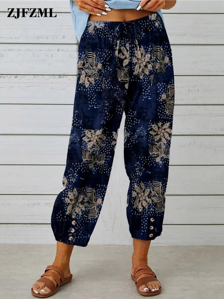 

Женские свободные мешковатые брюки до щиколотки с цветочным принтом, винтажные повседневные Капри с высокой талией и завязками в стиле народного стиля