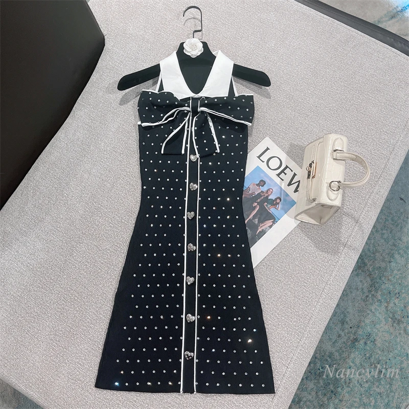 

2022 Summer New Chic Black Dress for Women Contrast Color Hot Rhinestone Sexy Sleeveless Dresses Slimming Ladies Vestidos
