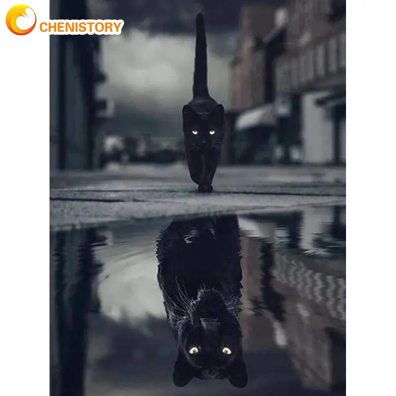 

Мозаика из страз CHENISTORY с изображением черной кошки и отражающих животных 5D, набор для алмазной живописи, вышивка крестиком, искусство и реме...