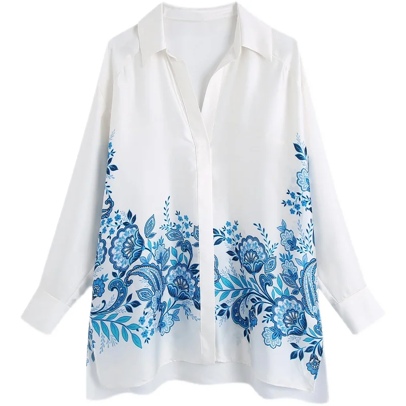 

SuperAen European and American Style Women's New 2022 Fashion Casual Lapel Long Sleeve Button Print Drape Shirt Tops