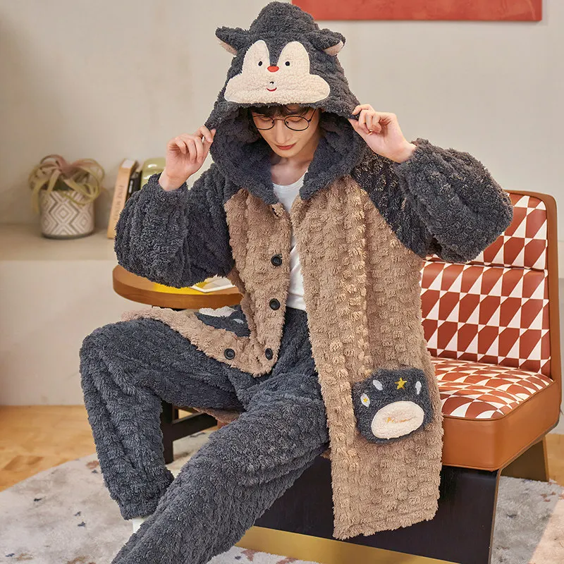 FUNISHI Men Sleepwear Plus Size 4XL Winter Pajamas Flannel Loose Version Inspissate Pullover Nightgown Coral Fleece Pajama Set