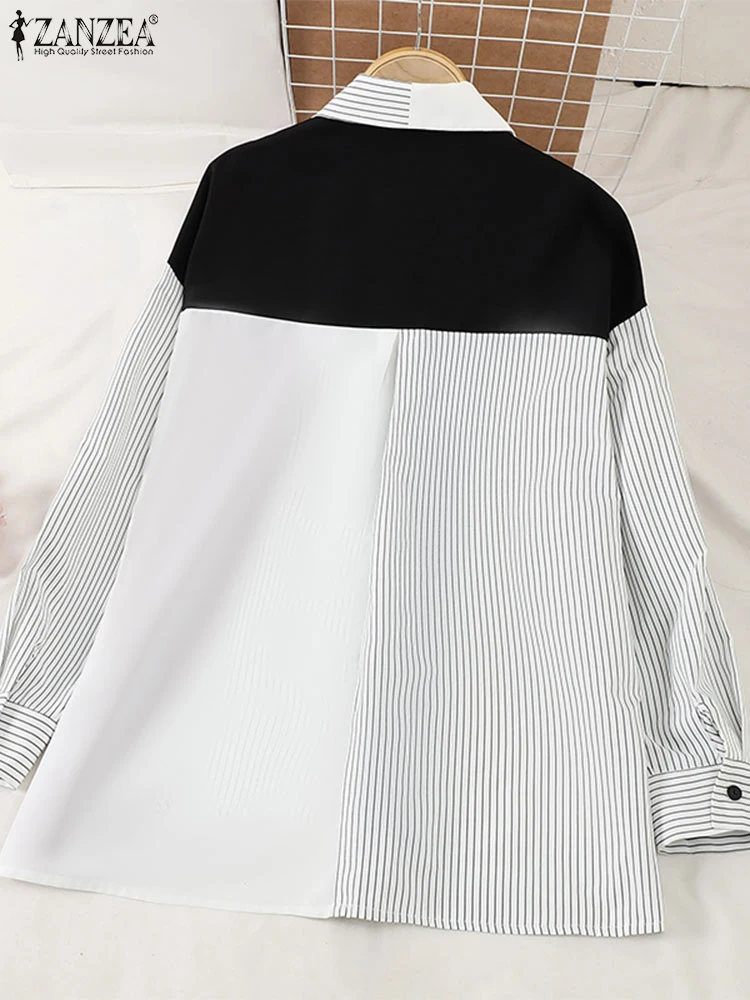 ZANZEA осенняя модная рубашка женская лоскутная полосатая блузка с длинным рукавом