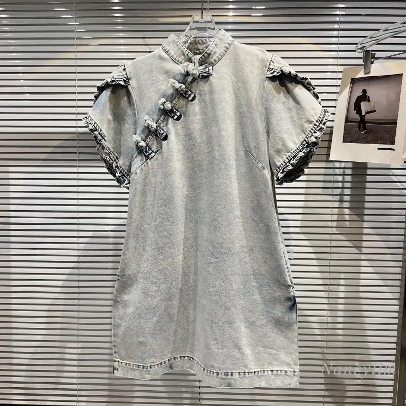 

2022 Summer New Denim Dress for Women Classic Style Beveled Edge Buckle Washed White Short Sleeve Cheongsam Dresses Ladies