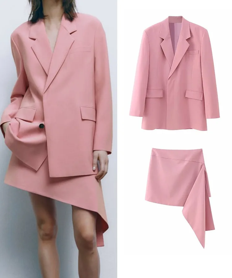 

RDMQ 2023 Women Spring Skirt Suits Office Sets New Elegant Solid Long Sleeved Jacket Asymmetrical Mini Skirts Fashion Outwear