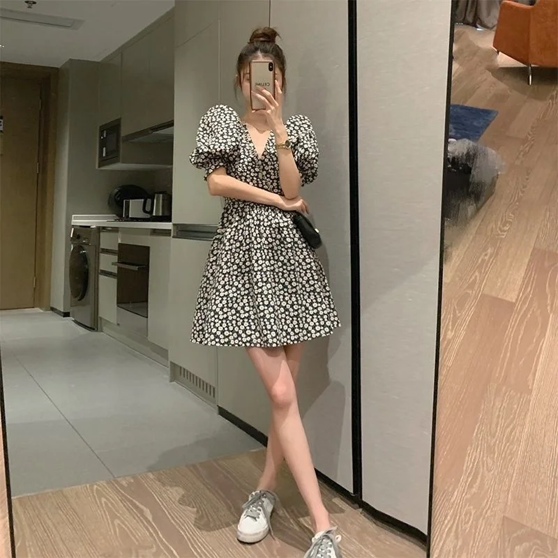 

2022 Women Summer Vintage Print Floral Sundress Short Sleeve Bodycon A-line Mini Dress Elegant Dresses For Female Vestido Casual