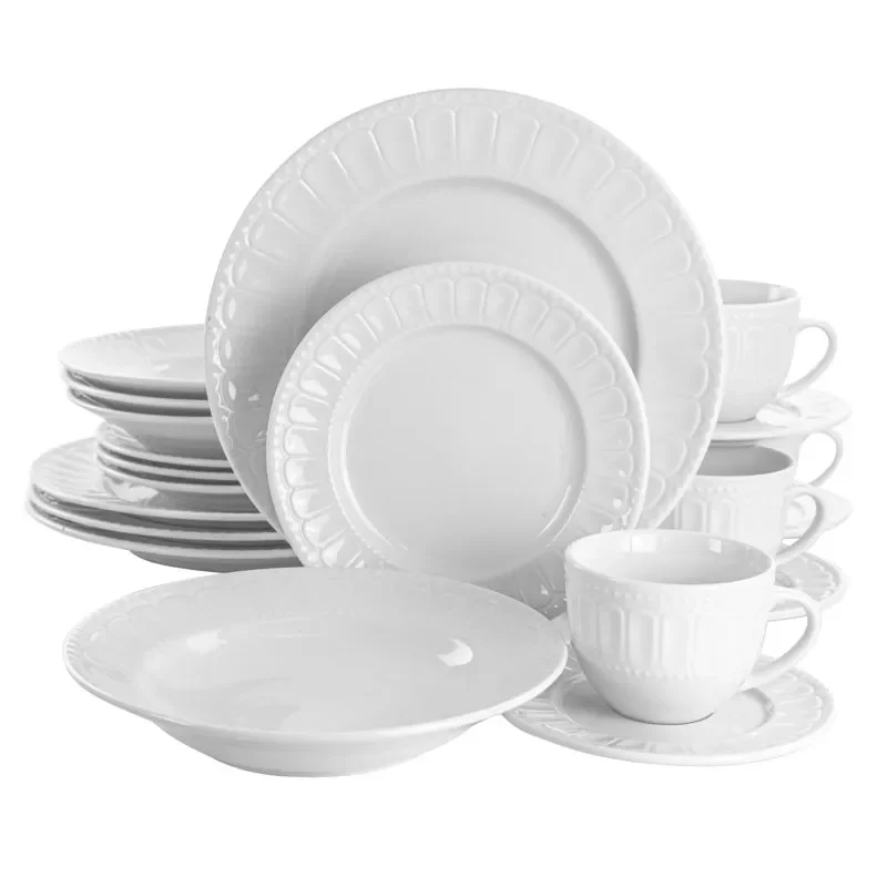 

with Glistening Golden Circle Glistening 20 Piece Porcelain White Dinnerware Set with Golden Circle Decoration - Refined and El