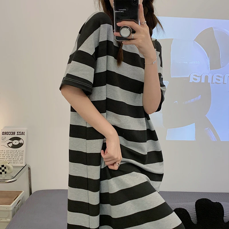 CAIYIER Summer Loose Women Nightdress Short Sleeve Stripe Print Sleepshirts Cute Girls Soft Nightgowns Big Size M-3XL Home Dress