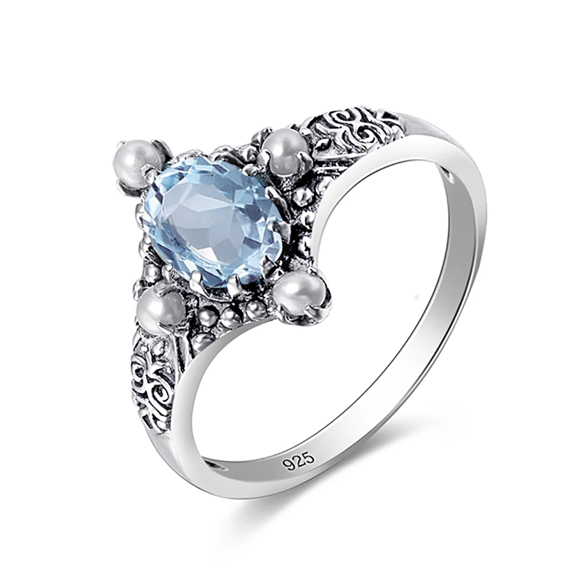 

Women's 925 Silver Ring Aquamarine Gemstone Rings With Fresh Water Pearl Oval Shape Handmade Fashion Jewelry Gift Girl