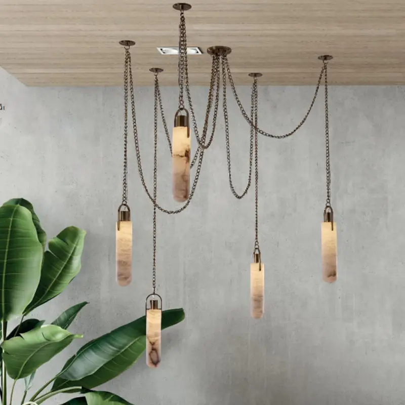 Фото Мраморная люстра-подвеска Multi Light из латуни и алебастра, дизайнерская, для гостиной, столовой, лофта, лестницы №3