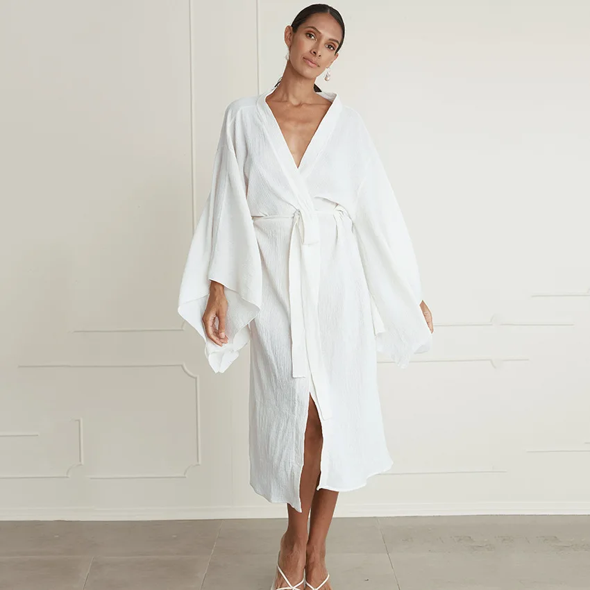 Sleepwear Robes For Women White Irregular Light Robes For Coverage Mid-Calf Home Clothing Full Sleeve Bathrobe Female Dresses