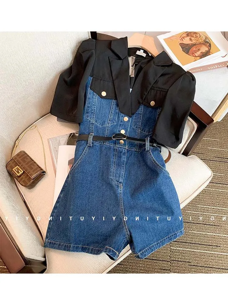 2022 Summer Fashion Slim New Blazer Patchwork Denim Jumpsuits For Women Chic Lapel  Rompers Casual One Piece Overalls With Belt