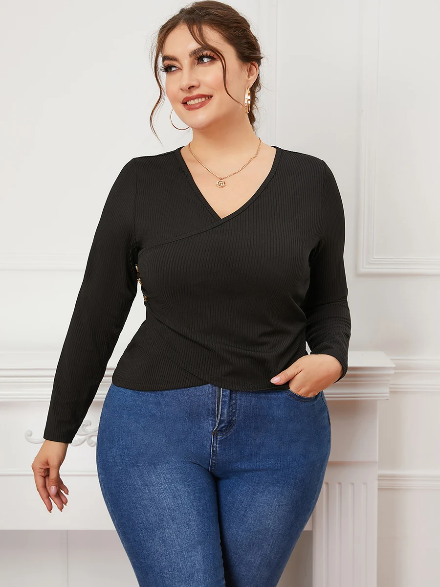 

Finjani Heathered Knit Surplice Neck Cropped Tee Plus Size Women Clothing