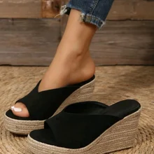 Women's Espadrille Wedge Sandals, Casual Peep Toe Slip On Platform Shoes, Outdoor Slide