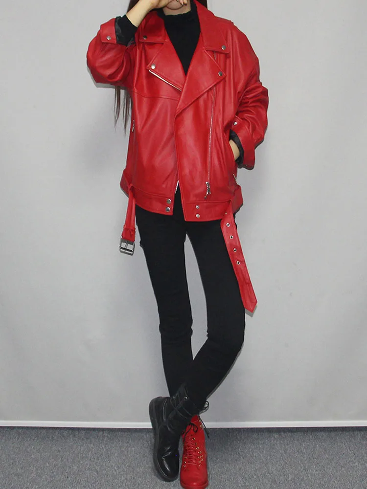 2022 Spring Autumn Woman's Genuine Sheepskin Leather Coat BF Loose Casual Jacket for Lady Female Red Black Plus Big Oversize