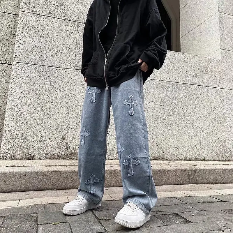 

European and American High Street Cross Patch Hip-hop Jeans Love Tide Brand Fried Street Straight Loose Wide-leg Long Pants