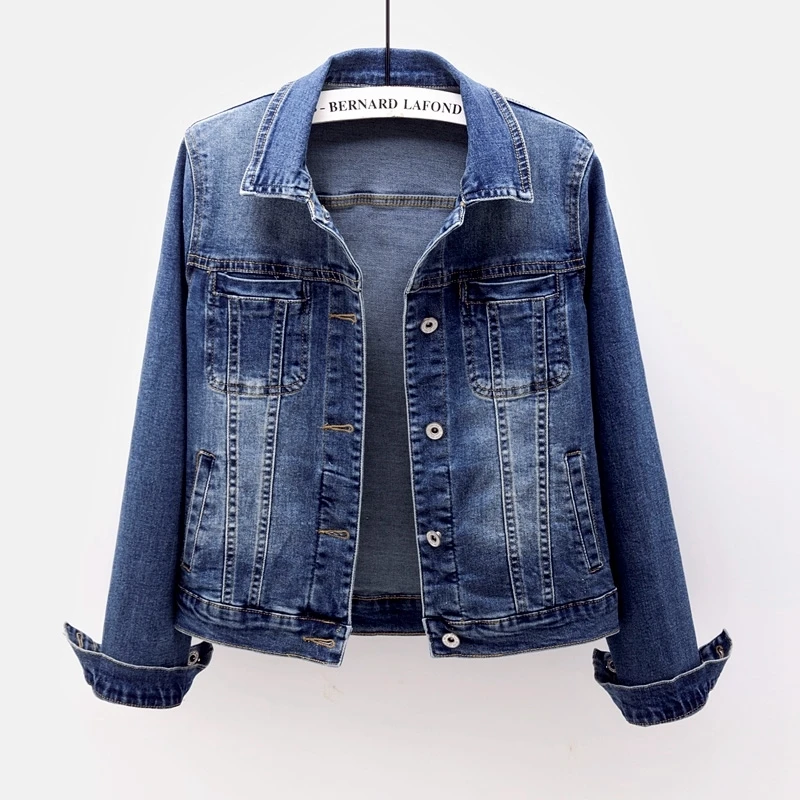 

Spring Autumn Vintage Blue Elastic Slim Short Denim Jacket Women Student Cowboy Outerwear Big Pocket Casual Jeans Jacket Female