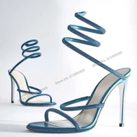 moraima snc solid blue twine crystal sandals pink open toe slip on stilettos high heels cut out summer wedding shoes on heels