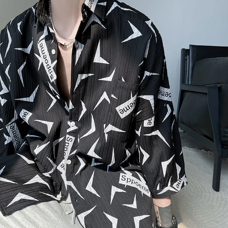 

Mens Shirt Medium Sleeve Lapel Single-breasted Thin Trendy Print Summer Streetwear Tidal Current Surprise Price 2022 New