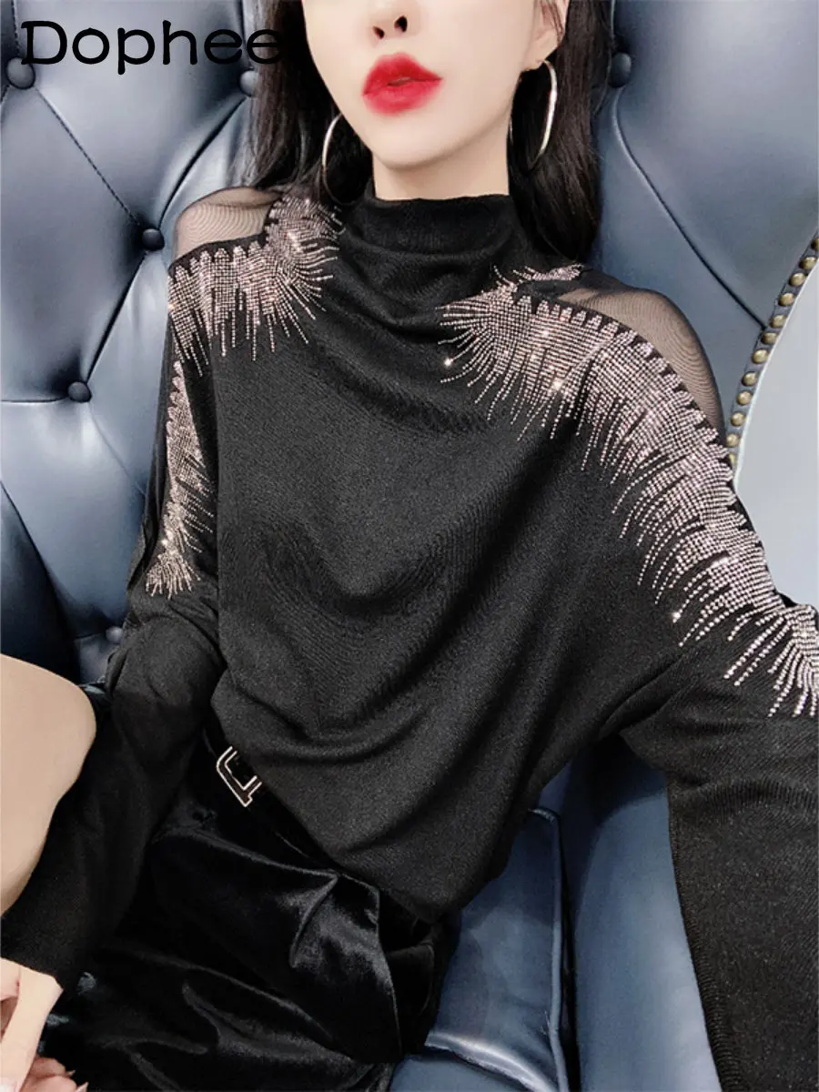 

European Style 2022 Autumn Winter Black Knitted T-shirt Bottoming Shirt Women Sexy Off-Shoulder Hot Drilling Black Sweater Top