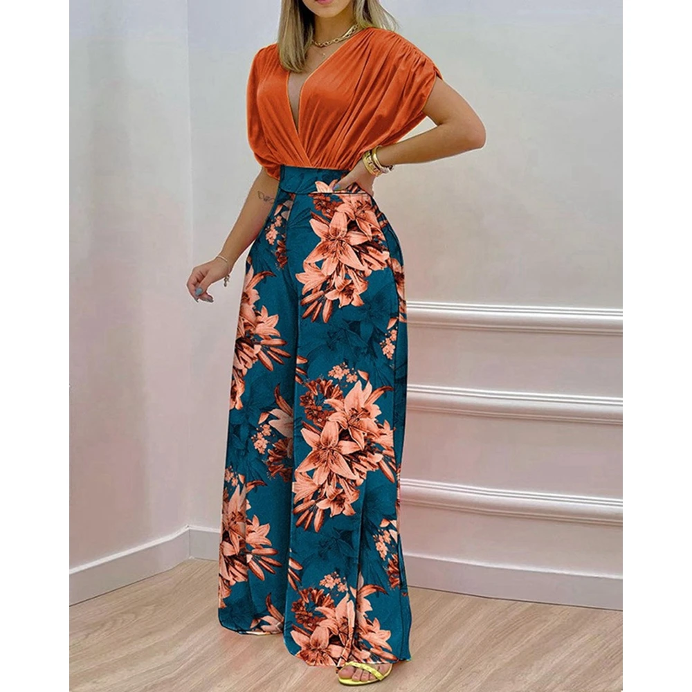 2023 Casual Women Floral Print Crop Top & High Waist Wide Leg Pants Set Summer Femme Two Pieces Suit Set Outfits Korean Style