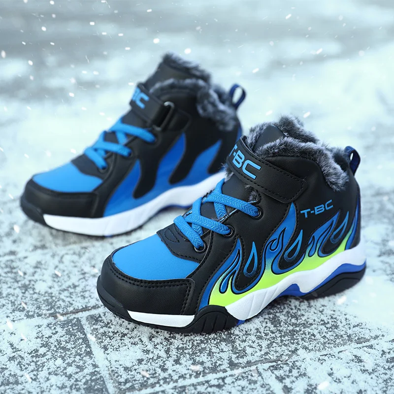 Children Warm Sport Shoes Boys Sneakers Winter Fashion Pu Leather Waterproof Boots Anti-Slippery Comfortable Footwear Big Kids