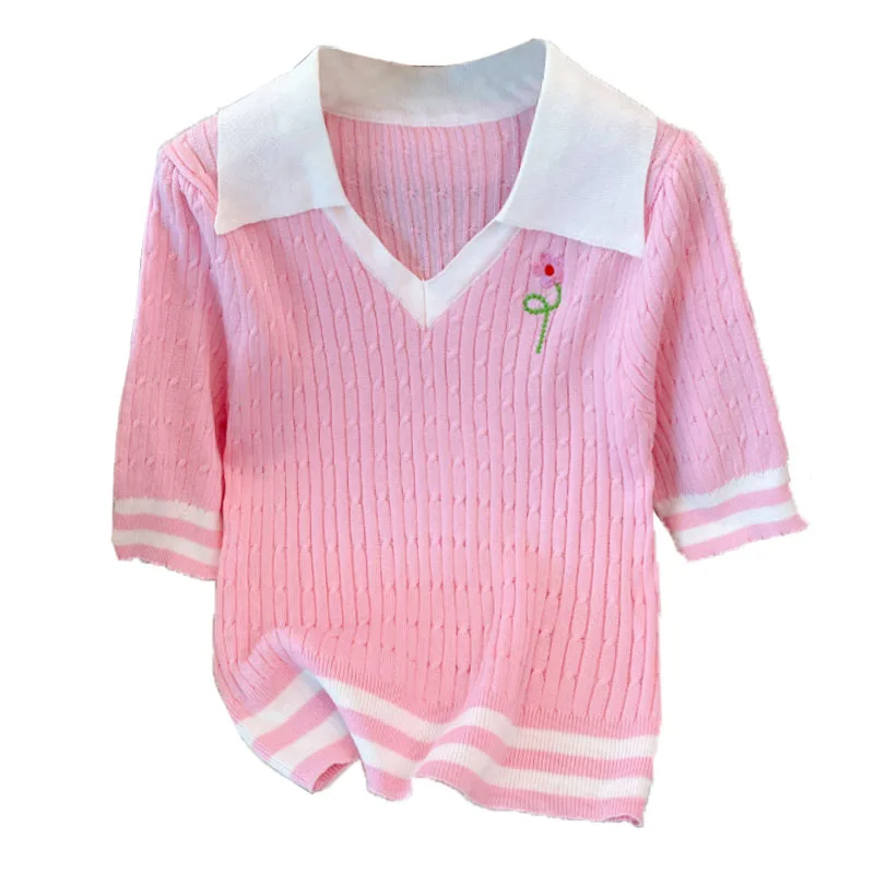 Летняя цветная Вязаная футболка с коротким рукавом и воротником-поло модный