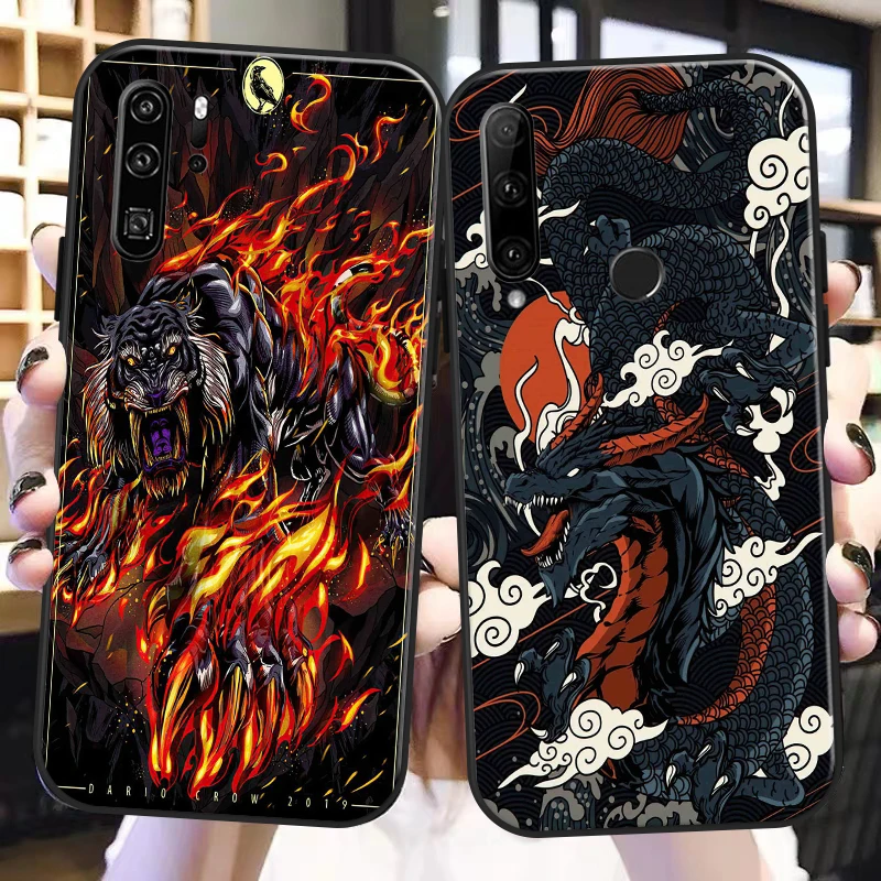 

Chinese Dragon Tiger For Huawei P50 P40 P30 P20 Pro Lite 5G P Smart Z 2019 Phone Case Funda Black Liquid Silicon Cover Shell