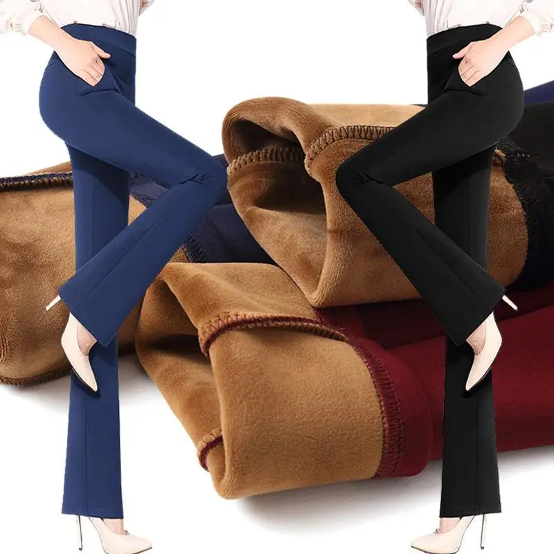 

Women Winter Warm Wide Leg Pants Thick Trousers High Waist Elastic Middle Aged Mother Stretch Flare Pants Plus Size Suit Pants