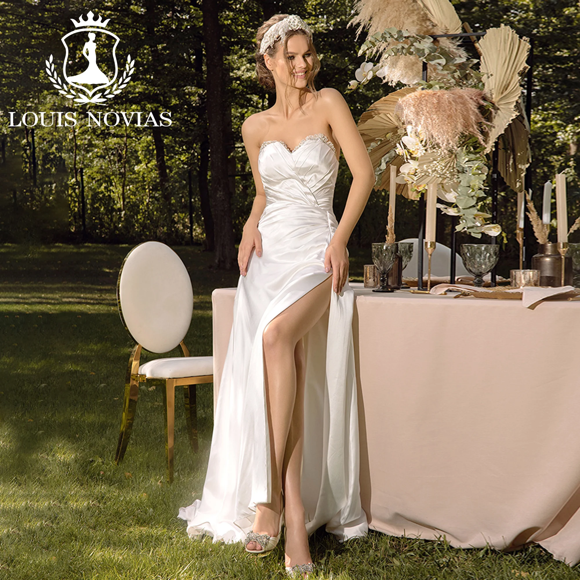 

Свадебное платье с юбкой-годе LOUIS NOVIAS, атласное платье без рукавов с разрезом до бедра, с кристаллами, 2023